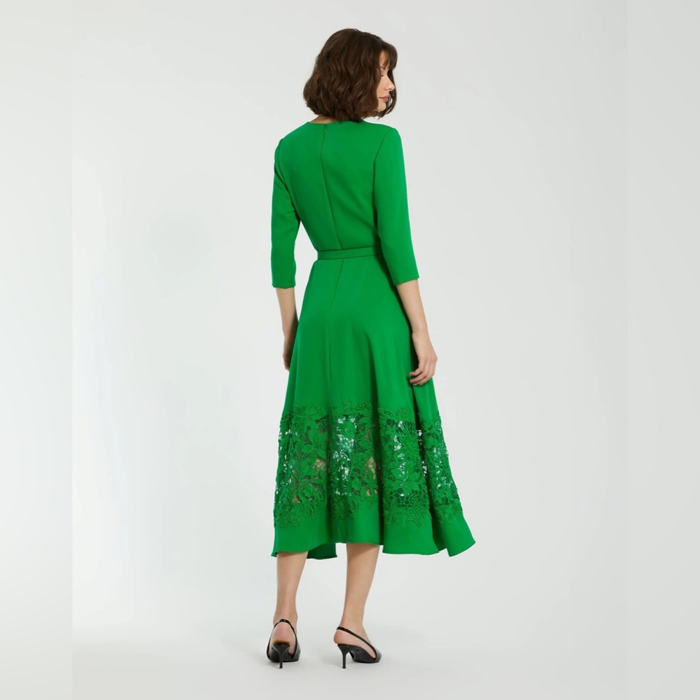 Mac Duggal 21001 Green Crepe Boat Neck Midi Dress With Applique Cut Out Size L - Picture 4 of 9